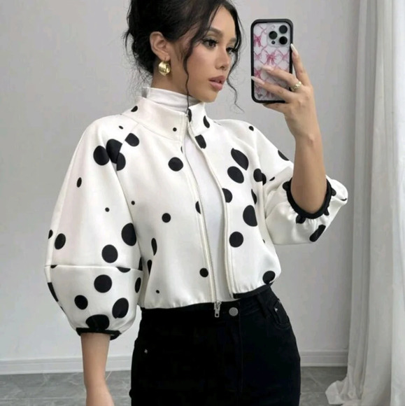 Jackets & Blazers - Women's Zipper Half Sleeve Polka Dot Chic Crop Jacket